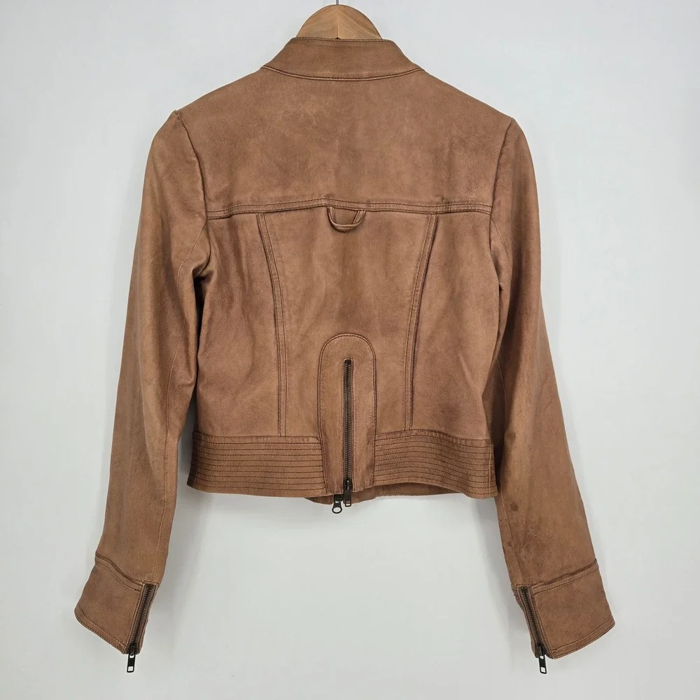 Haute Hippie Real Lambskin Leather Jacket Brown Pleated Biker Chic Boho Womens S - Picture 3 of 12